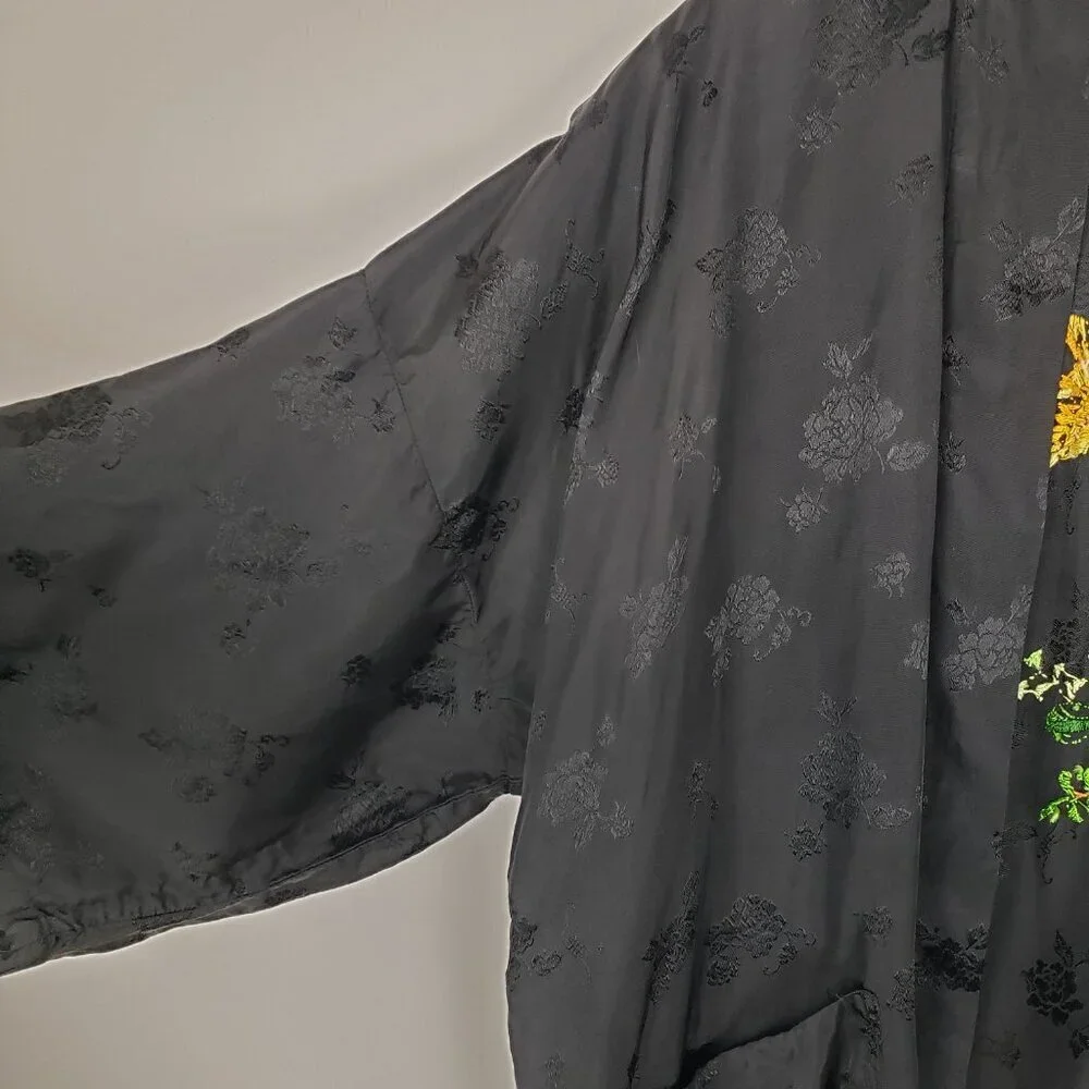 Golden Bee Vintage Black Silky Rayon Robe Kimono Embroidered Floral Bird Small